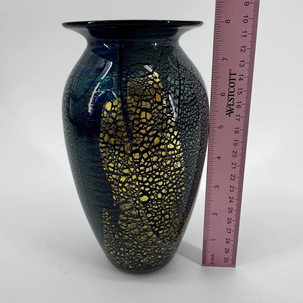 Robert Eickholt Signed Studio Art Glass Vase Blue Gold Leaf Iridescent Crackle
